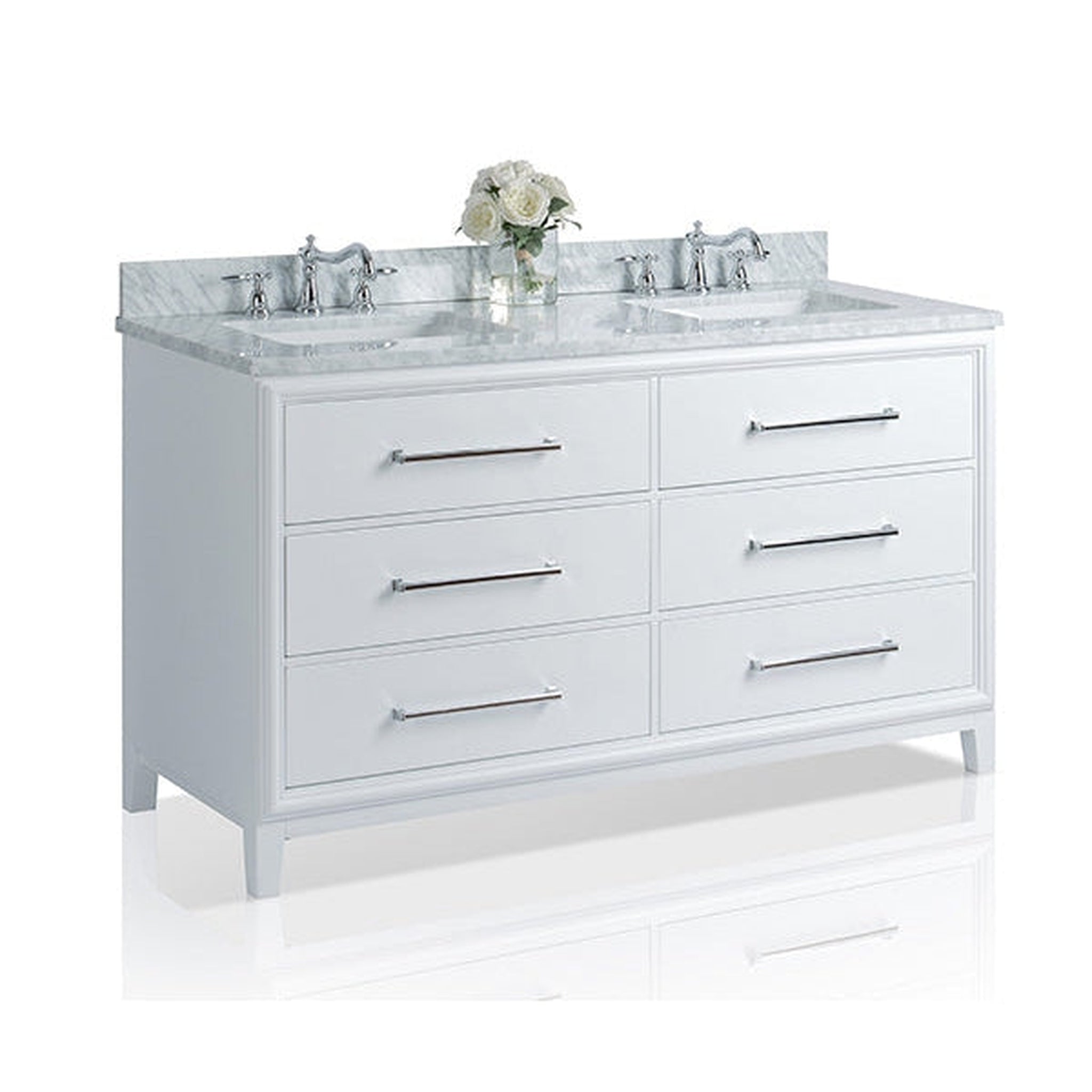 Ancerre Designs, Ancerre Designs Ellie 60" White 6-Drawer Bathroom Vanity With Italian Carrara White Marble Vanity Top, Double Rectangular Undermount Ceramic Sinks, 4" Solid Wood Backsplash and Polished Chrome Hardware