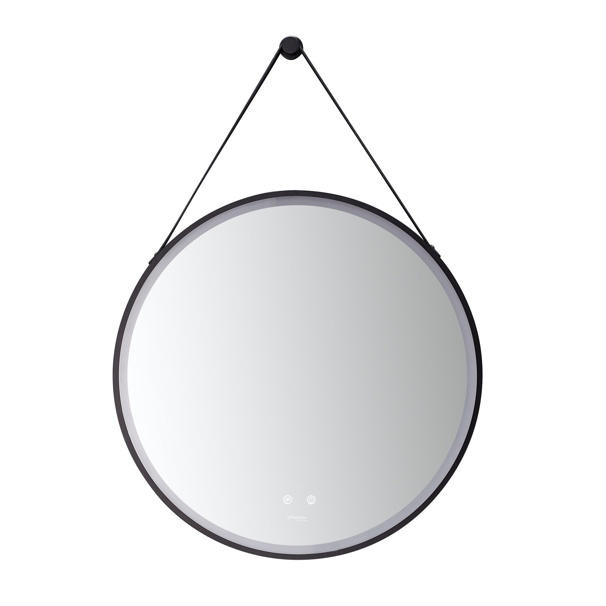 Ancerre Designs, Ancerre Designs  Sangle 24" Modern Round LED Lighted Black Framed Bathroom Vanity Mirror With Dimmer, Defogger and Vegan Leather Strap