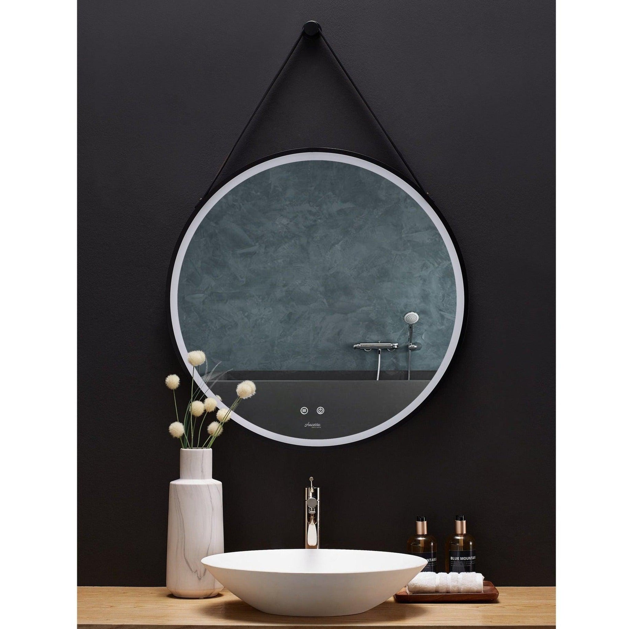 Ancerre Designs, Ancerre Designs  Sangle 24" Modern Round LED Lighted Black Framed Bathroom Vanity Mirror With Dimmer, Defogger and Vegan Leather Strap