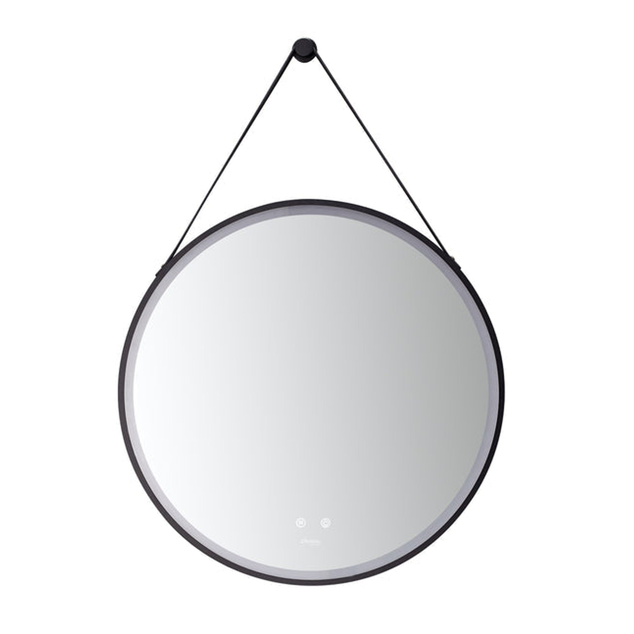 Ancerre Designs, Ancerre Designs Sangle 30" Modern Round LED Lighted Black Framed Bathroom Vanity Mirror WithDimmer, Defogger and Vegan Leather Strap