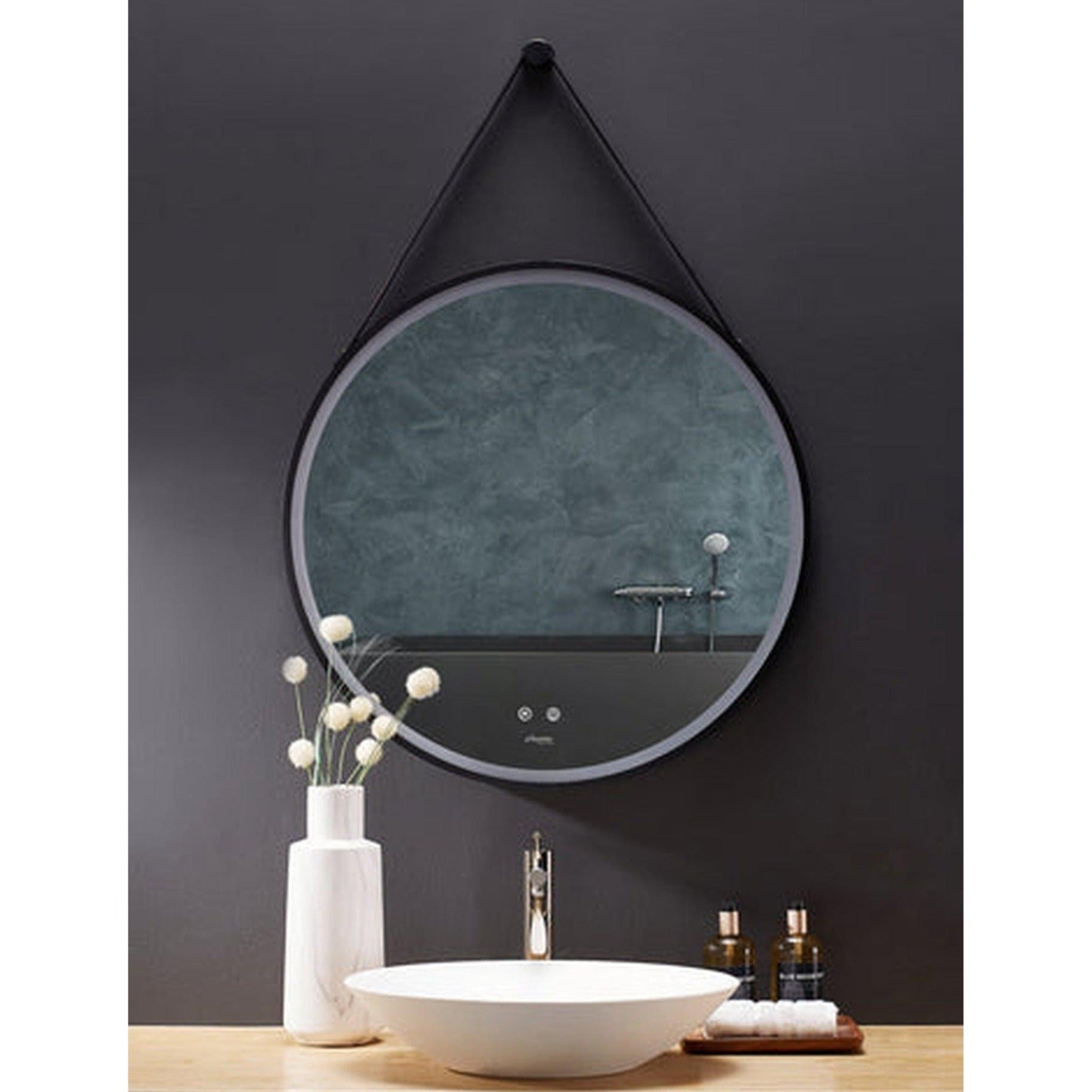 Ancerre Designs, Ancerre Designs Sangle 30" Modern Round LED Lighted Black Framed Bathroom Vanity Mirror WithDimmer, Defogger and Vegan Leather Strap