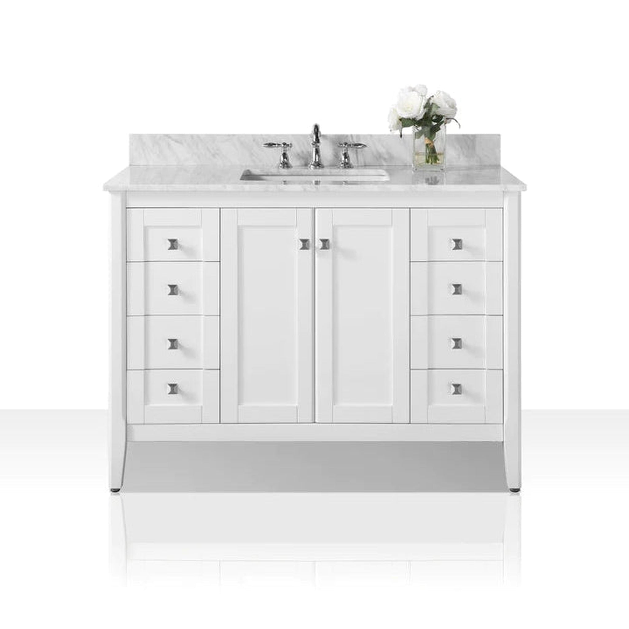 Ancerre Designs, Ancerre Designs Shelton 48" White 2-Door 9-Drawer Bathroom Vanity With Italian Carrara White Marble Vanity Top, Single Rectangle Undermount Ceramic Sink and 4" Backsplash