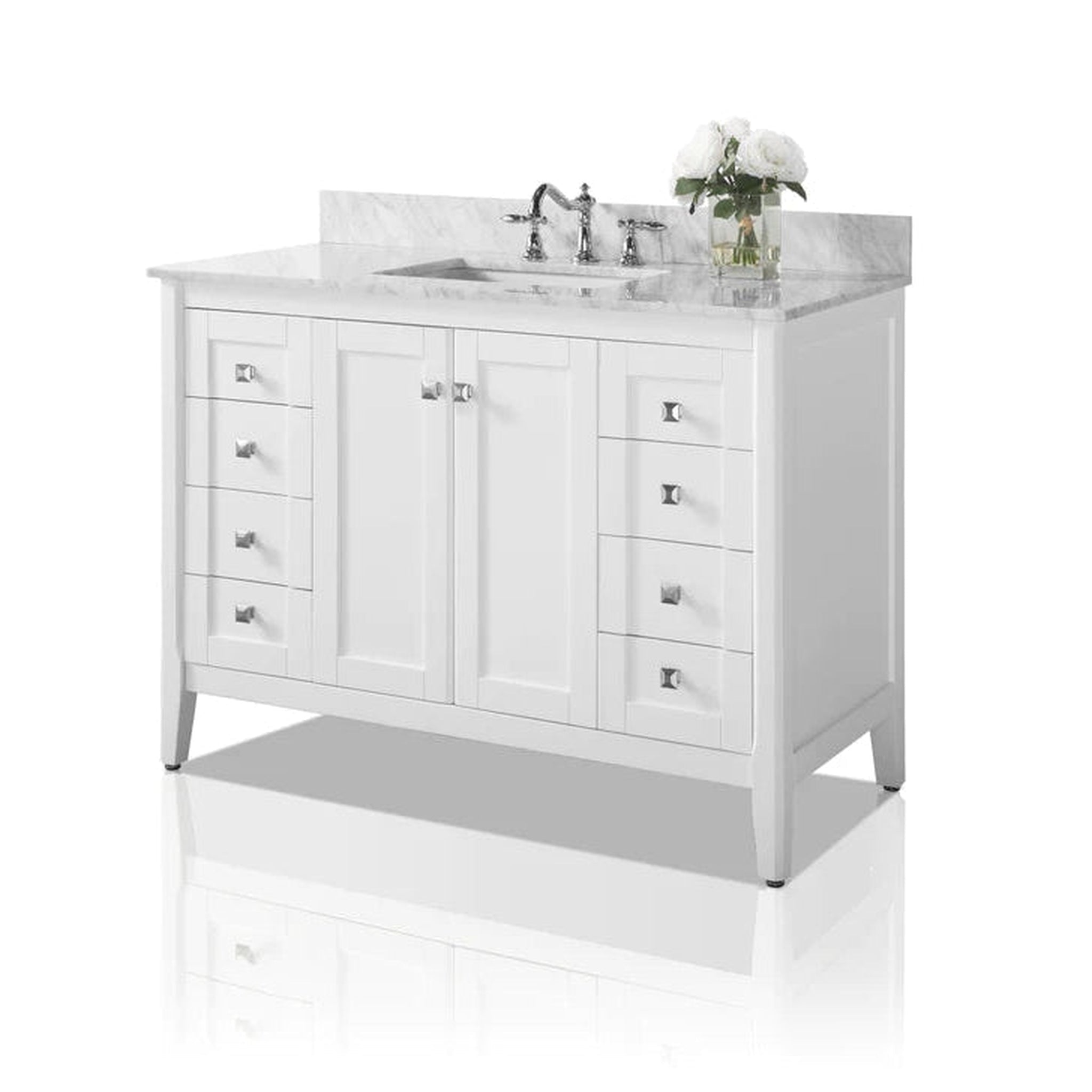 Ancerre Designs, Ancerre Designs Shelton 48" White 2-Door 9-Drawer Bathroom Vanity With Italian Carrara White Marble Vanity Top, Single Rectangle Undermount Ceramic Sink and 4" Backsplash